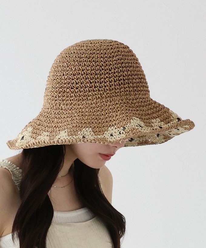 日本 BLUE EAST - 甜蜜花朵編織遮陽漁夫帽-棕