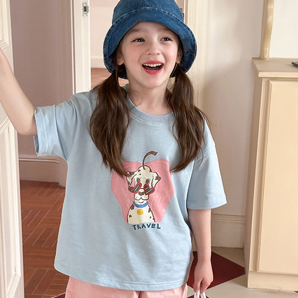 涼感手繪風美式休閒短袖上衣-藍色