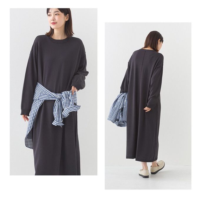 日本 OMNES - 落肩優雅柔滑嫘縈素色長袖洋裝-深灰