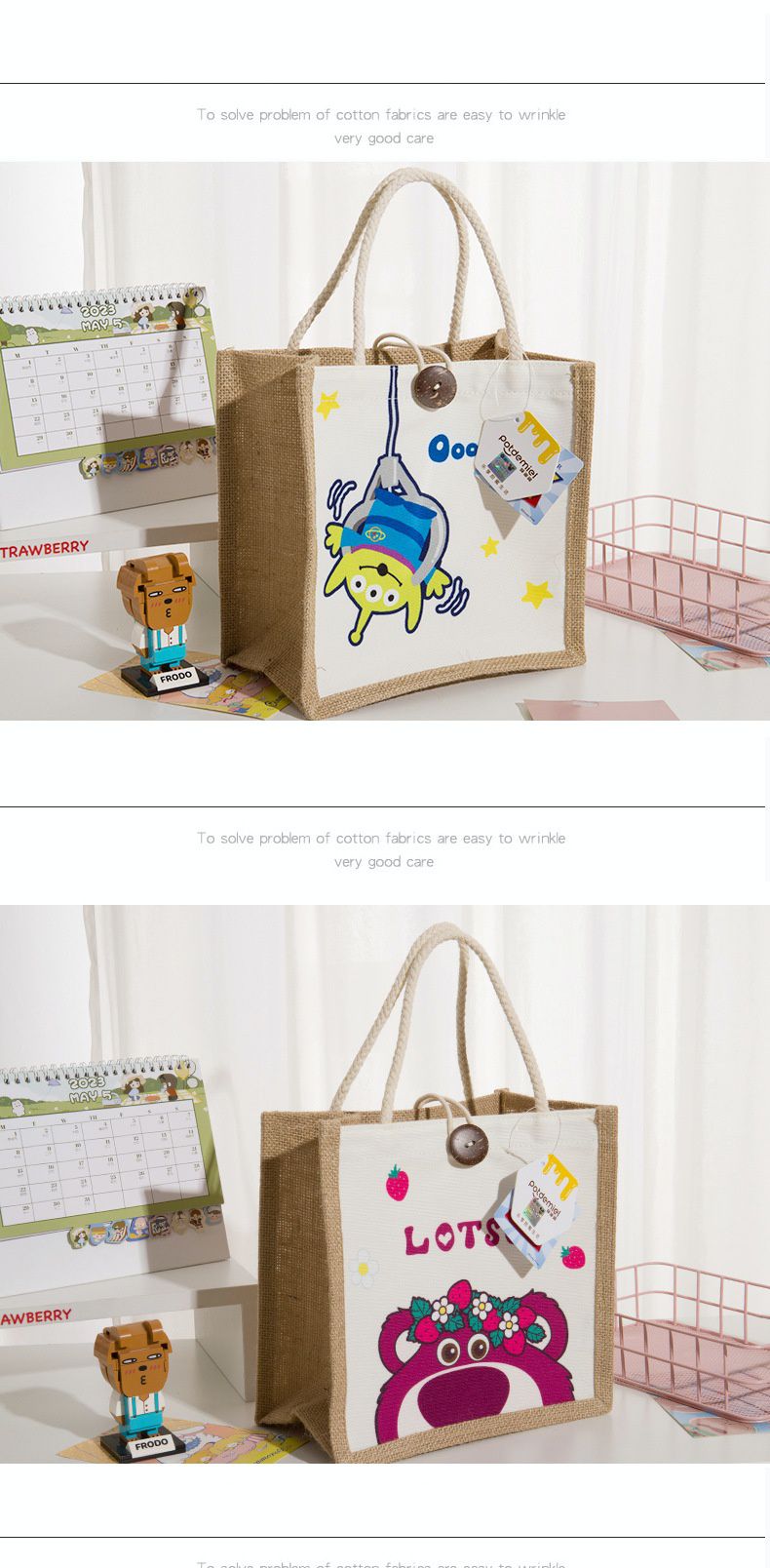 卡通大容量棉麻手提袋/便當袋-卡通人物史迪奇 (24x24x15cm)