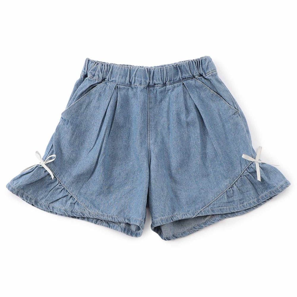 二側可愛蝴蝶結寬擺短褲-淺丹寧藍