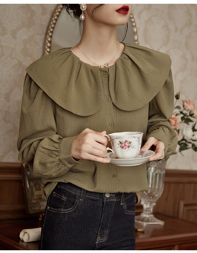 娃娃領長袖襯衫-黑色