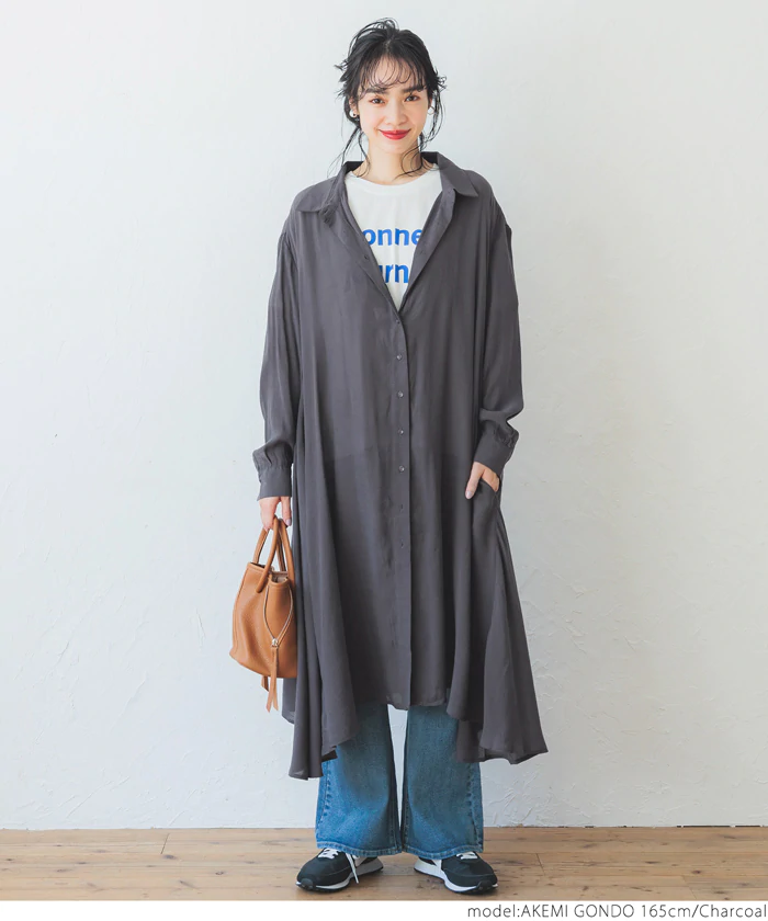 日本 COCA - 寬鬆傘狀薄長袖襯衫洋裝/外套-粉