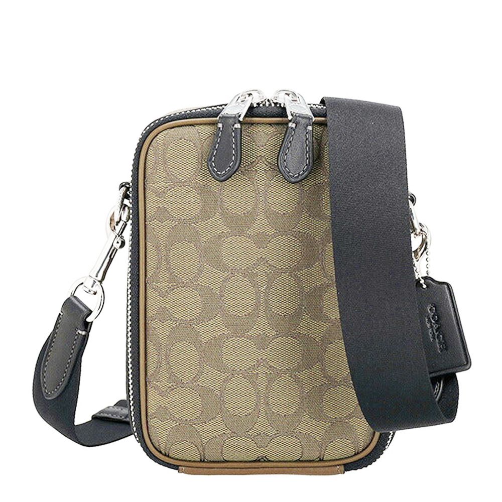 緹花布拼皮革斜背包 (卡其)