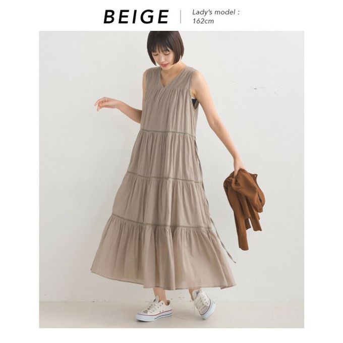 日本 OMNES - 100%印度棉 巴里紗分層V領無袖洋裝-咖啡