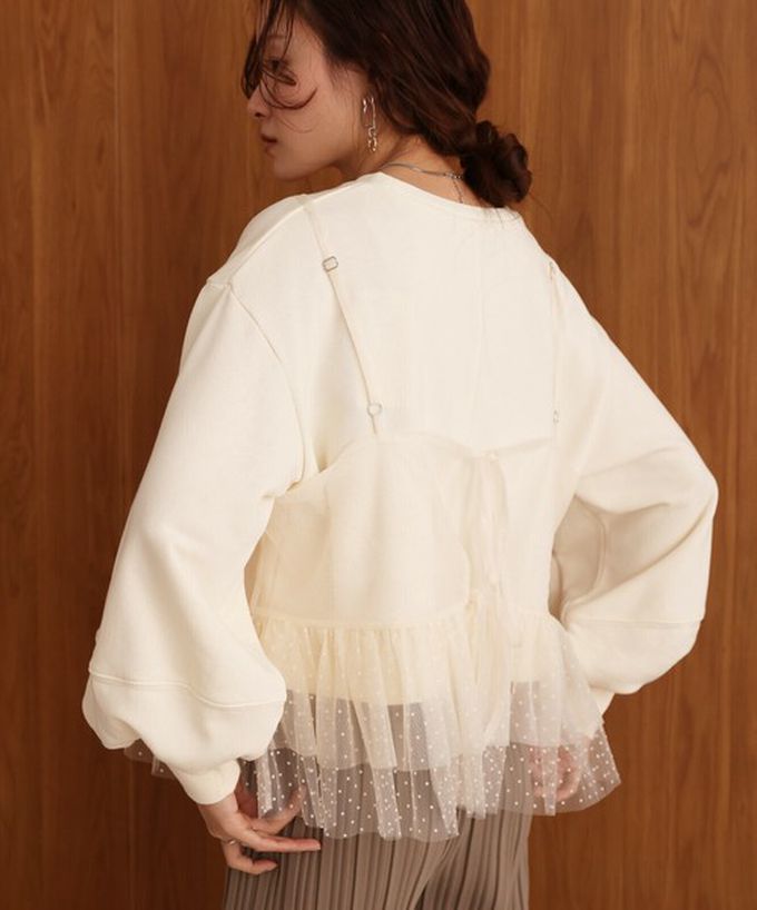 日本 Bab - 浪漫層次吊帶+裏毛上衣(2件組)-圓點薄紗-深灰