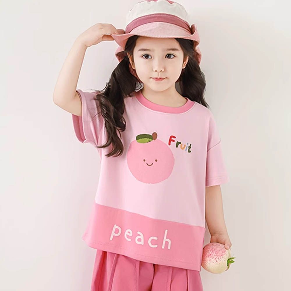 撞色拼接圓領短袖上衣-桃子-粉色