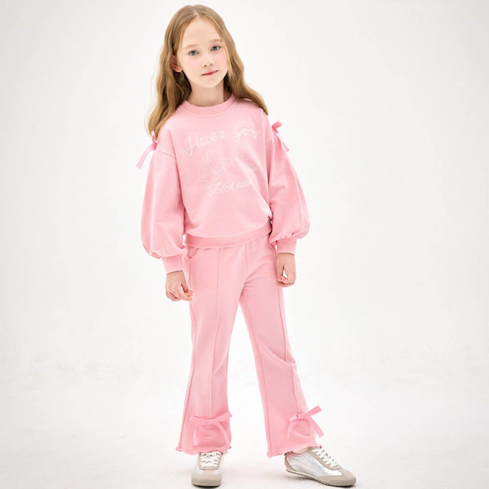 甜美蝴蝶結裝飾純棉長袖套裝-粉