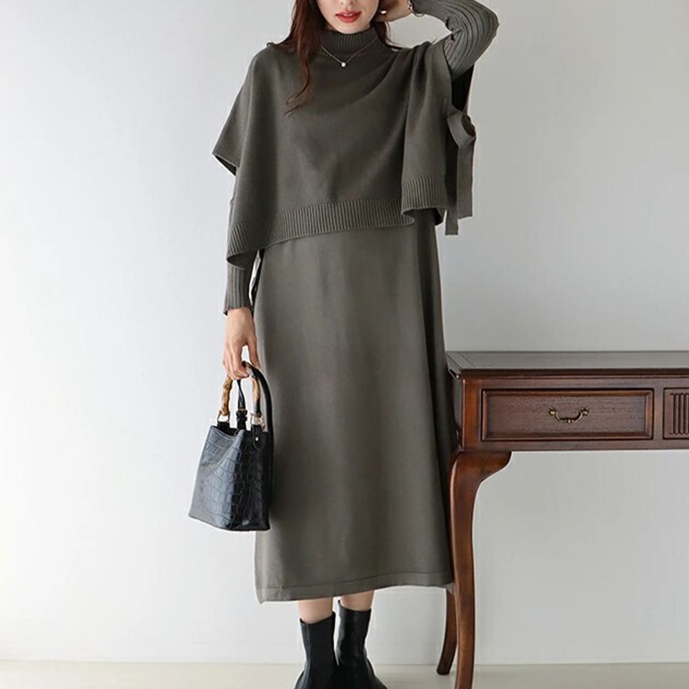 [經典款]氣質針織斗篷綁帶長袖洋裝2件組-深咖啡