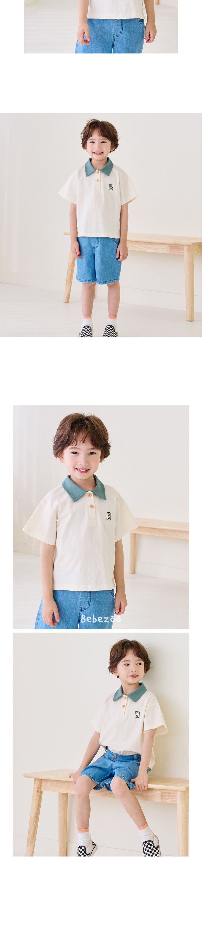 韓國 Bebezoo - 刺繡品牌標誌翻領短袖上衣-橫紋-海軍藍