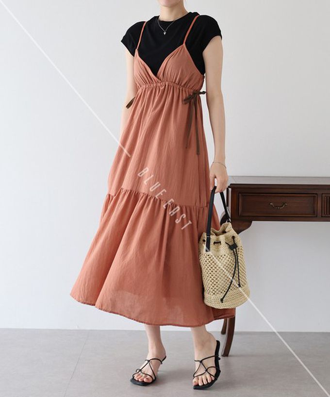 日本 BLUE EAST - 可愛格紋側蝴蝶結細肩帶洋裝-紅藍 (M)