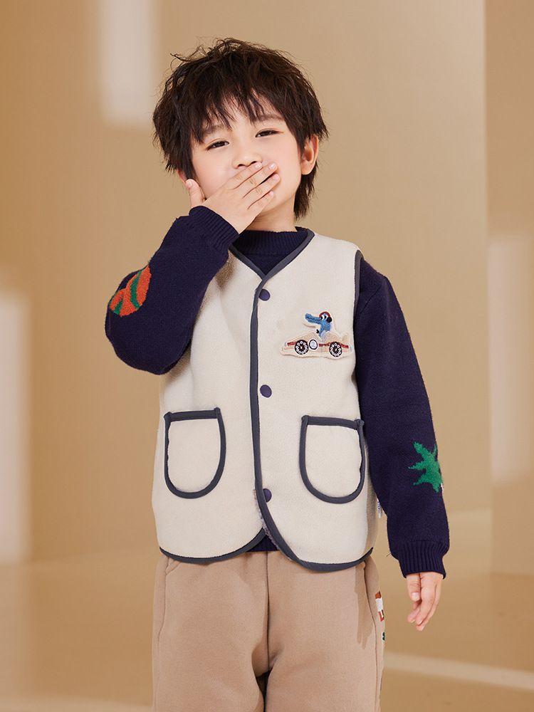 搖粒絨保暖兒童背心-賽車鱷魚-灰色