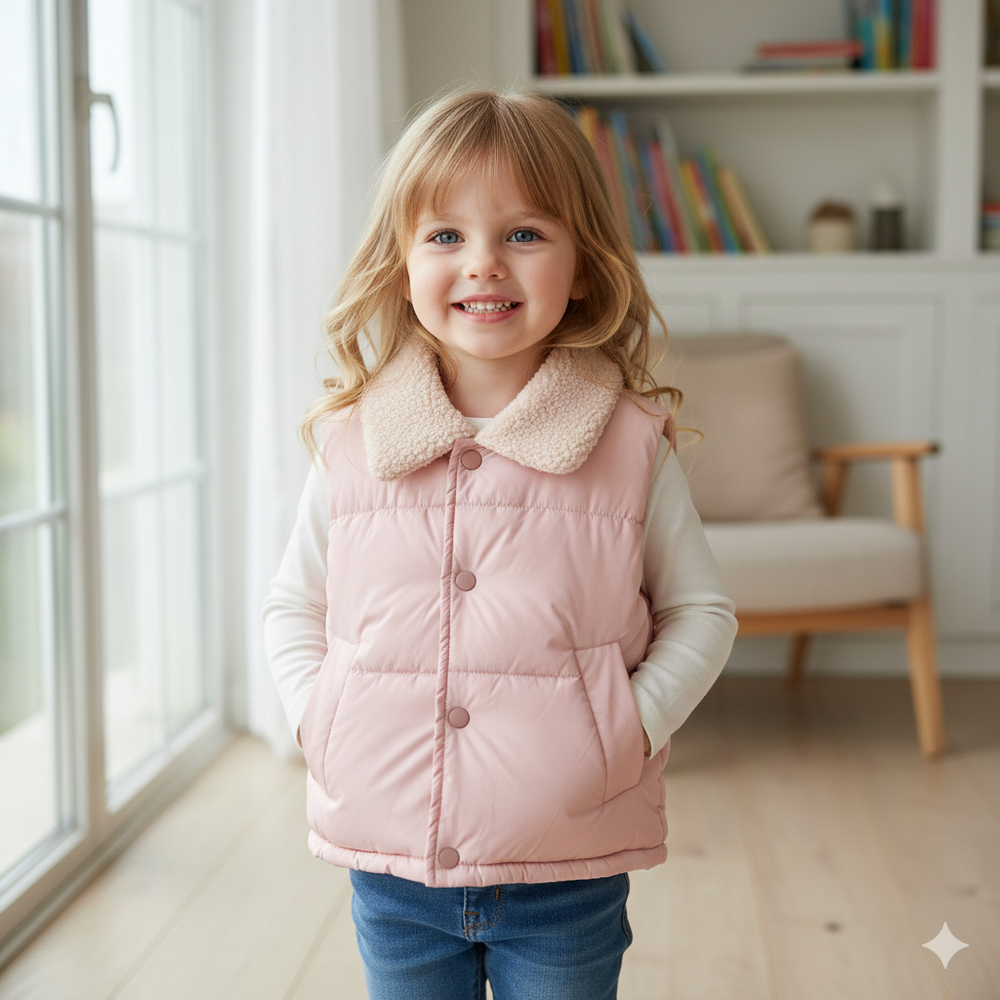 加絨翻領鋪棉暖暖背心-粉紅色