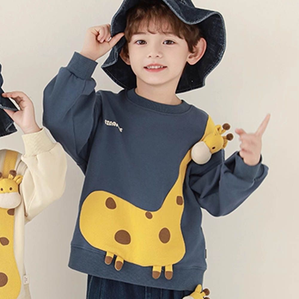 圓領大學T/長袖上衣-立體長頸鹿-藍色