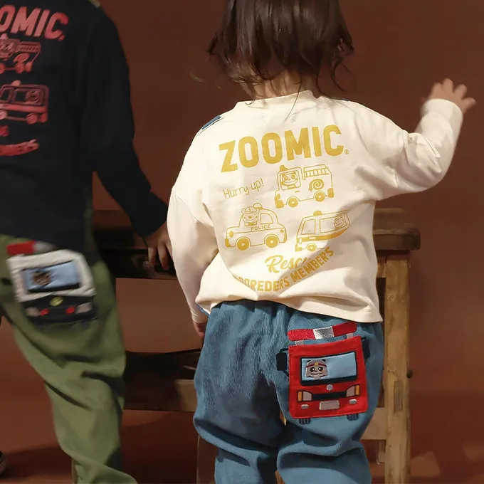 日本 ZOOLAND - 熊熊救援隊 燈芯絨車車口袋長褲-消防車-藍