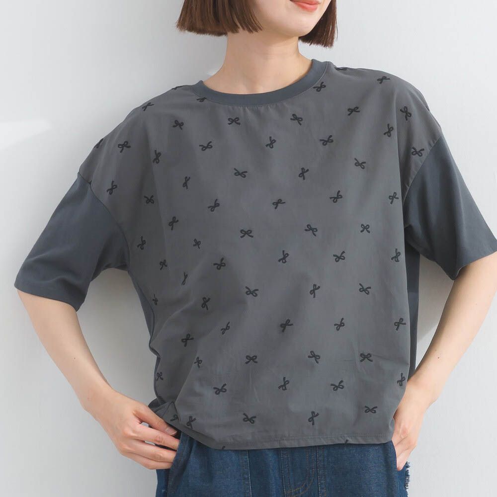 唯美刺繡舒適棉短袖上衣-蝴蝶結-深灰