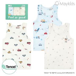 韓國 Maykids - (3入組)男寶天絲莫代爾透氣背心-繽紛車車X星星火箭-米白X淺藍