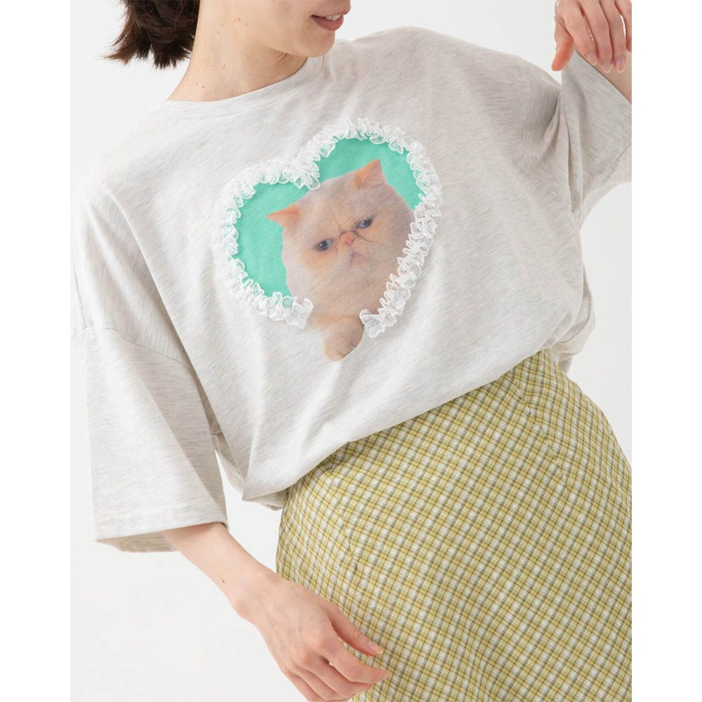 厭世貓咪愛心蕾絲寬大風短袖T恤-綠貓-燕麥灰