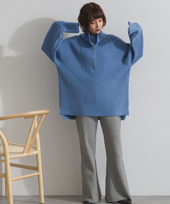 日本 ELENCARE DUE - 優雅線條感半拉鍊長版針織高領上衣-炭灰