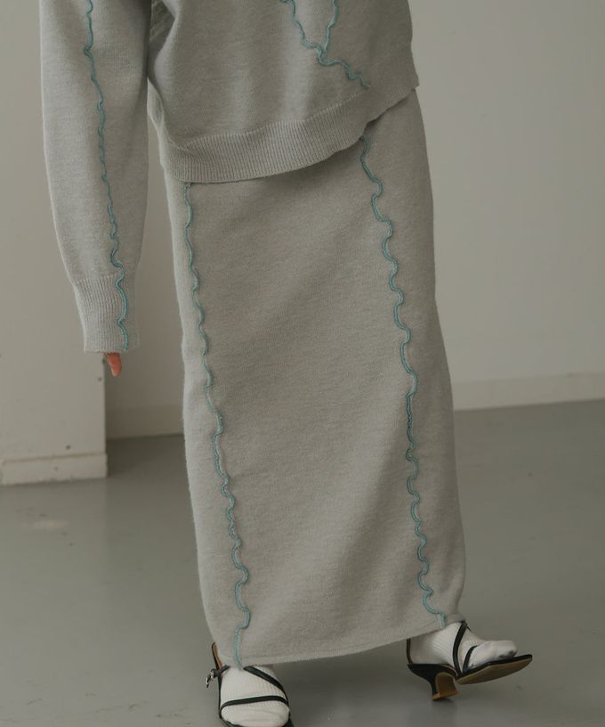 日本 Bab - 不規則狀色滾邊修身長裙-灰x深藍