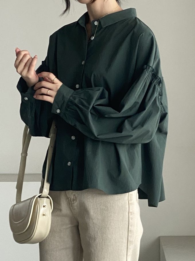 韓國女裝連線 - 極簡拼接翻領長袖襯衫-深綠 (FREE)