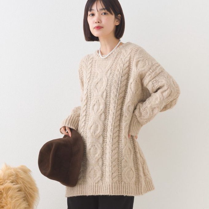 日本 OMNES - 季節感麻花編蓬鬆感針織上衣-米杏