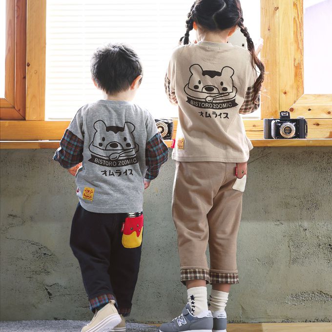 日本 ZOOLAND - 美味印花格紋拼接長袖上衣-灰