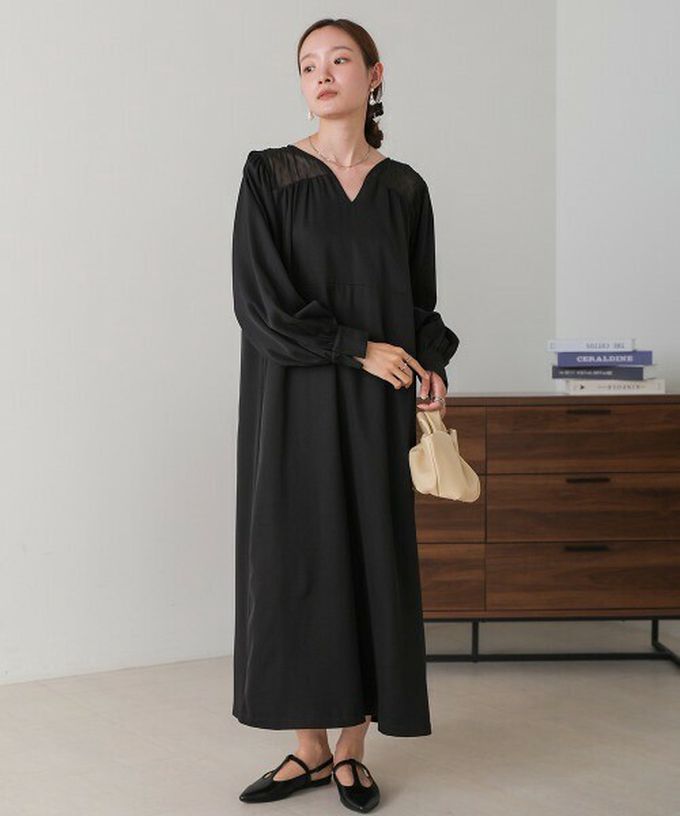 日本 Bab - 優雅蕾絲拼接背綁帶長袖洋裝-駝色