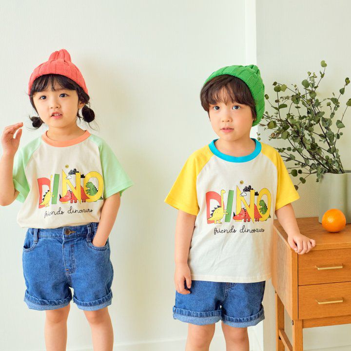 韓國 Hanab - DINO王國拼接色純棉T-黃