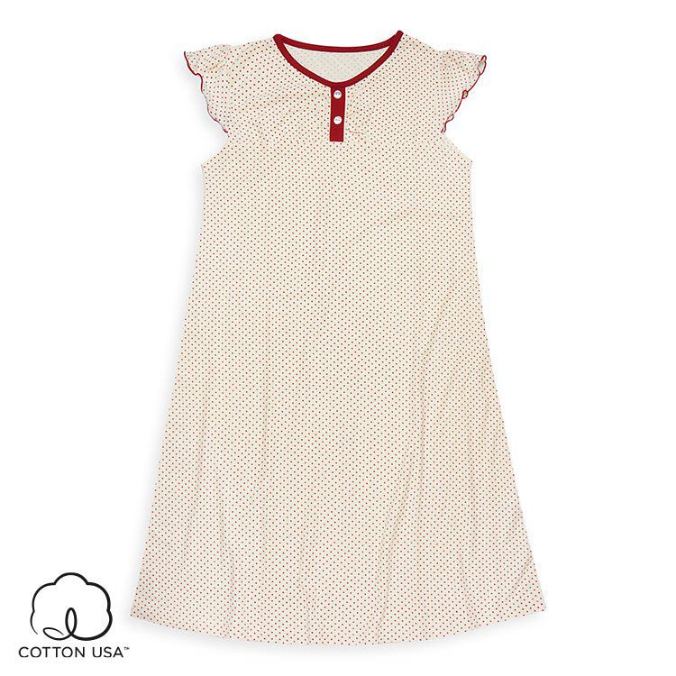 Annypepe - 女童純棉菱格紅點短袖居家睡衣洋裝-米 (120-150cm)