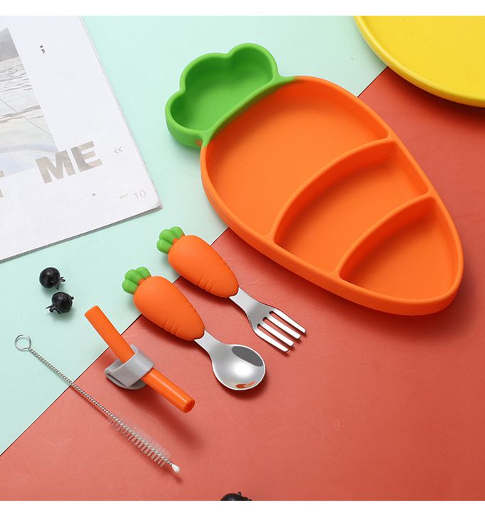 Vanibaby - 胡蘿蔔矽膠餐盤5件組（餐盤+吸管+刀叉+毛刷）