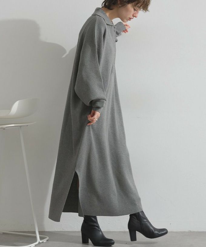 日本 Lupilien - 氣質排扣polo衫針織長袖洋裝-海軍藍