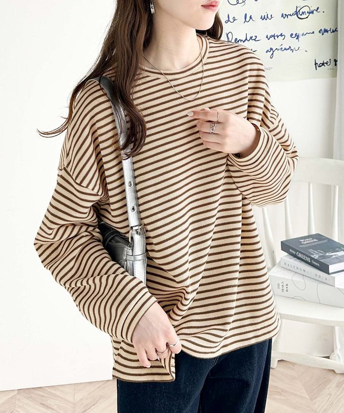 日本 Classical Elf - 萬能定番細條紋側開叉長袖上衣-黑底白線