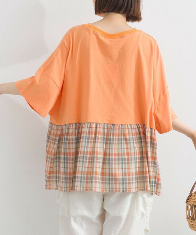 日本 Lupilien - 接觸涼感 可愛格紋休閒五分袖上衣-灰棕