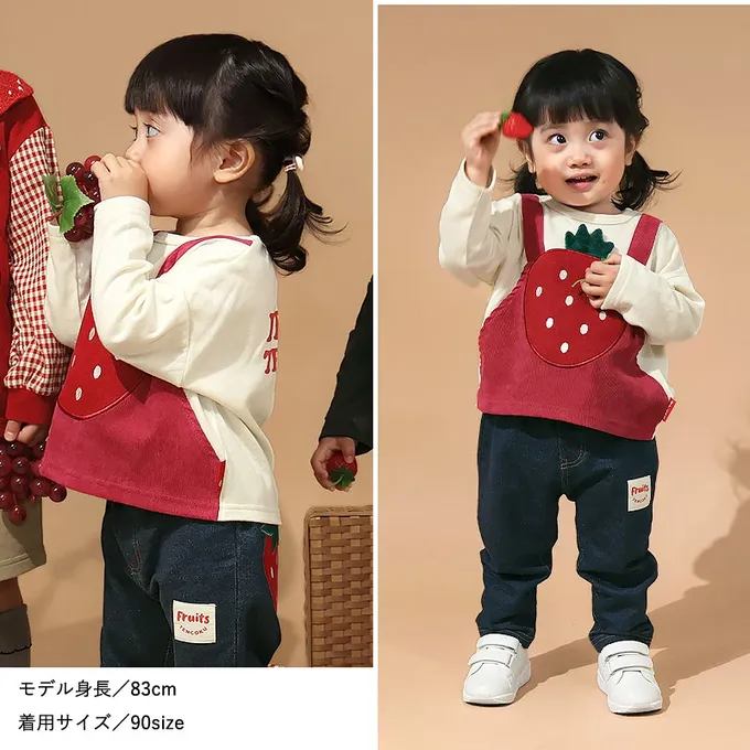 日本 ZOOLAND - 水果樂園 燈芯絨吊帶拼接長袖上衣-草莓-白X紅