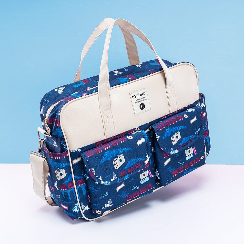 insular - 防水防污多功能大容量手提包/媽媽包/待產包-北極熊-杏+白+藍 (39x12.5x29cm)