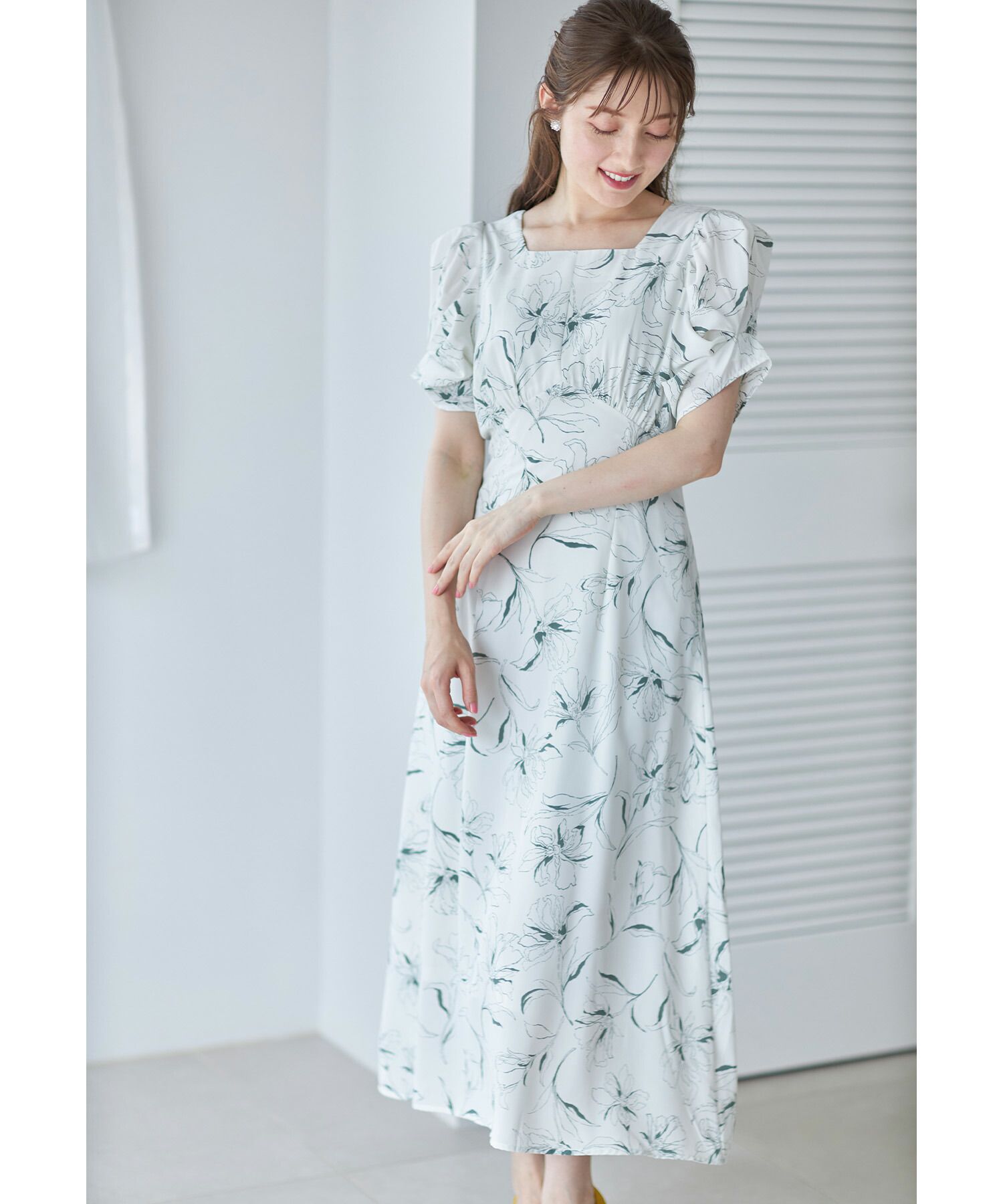 日本 tocco-closet - 典雅方領後綁帶泡泡袖洋裝-純潔百合-春芽綠