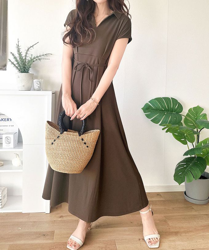 日本 Classical Elf - 接觸冷感 優美V領腰綁帶短袖洋裝-短版-象牙白