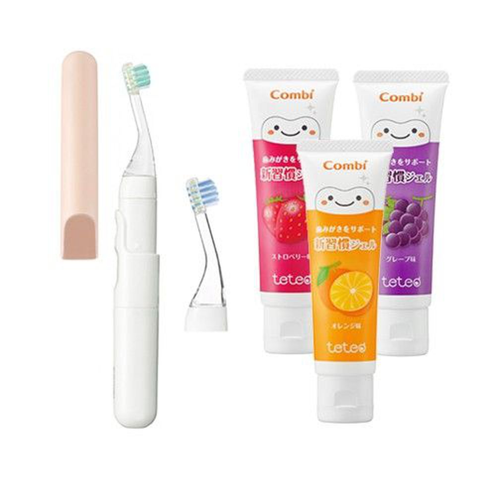 日本 Combi - teteo 幼童電動牙刷-1 + 3 超值組-電動牙刷-香檳粉x1+替換刷頭x1+草莓牙膏x1+葡萄牙膏x1+橘子牙膏x1(含氟量500ppm)