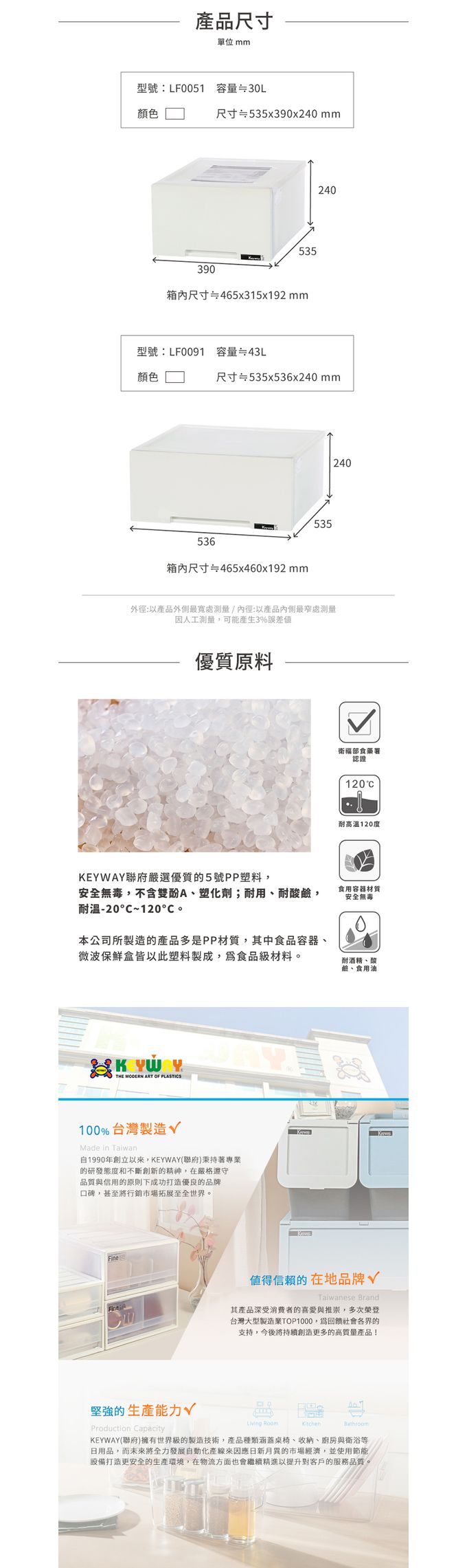 台灣KEYWAY - LF0091 單層抽屜整理箱-43L-3入