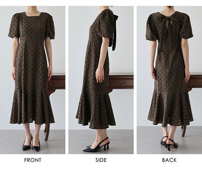 日本 BLUE EAST - 優雅方領後綁帶泡泡袖魚尾洋裝-波點-咖啡 (M)