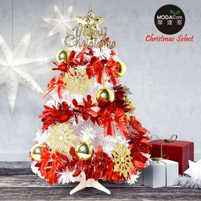 MODACore 摩達客 - 摩達客耶誕-2尺/2呎(60cm)特仕幸福型裝飾白色聖誕樹 (風華金雪紅緞系全套飾品)+20燈LED燈插電式彩光*1/贈控制器/本島免運費