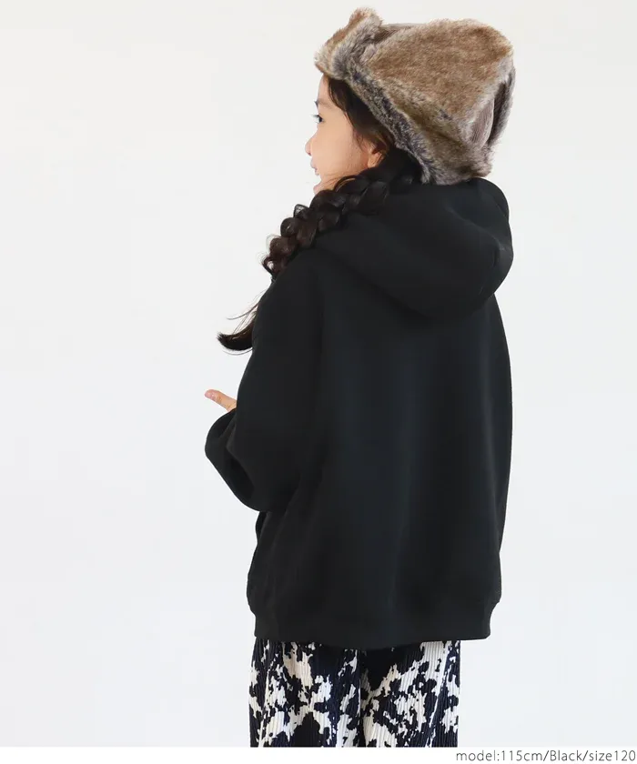 日本 COCA - fleece刷毛輕量寬鬆抽繩帽T-孩子-簡約黑