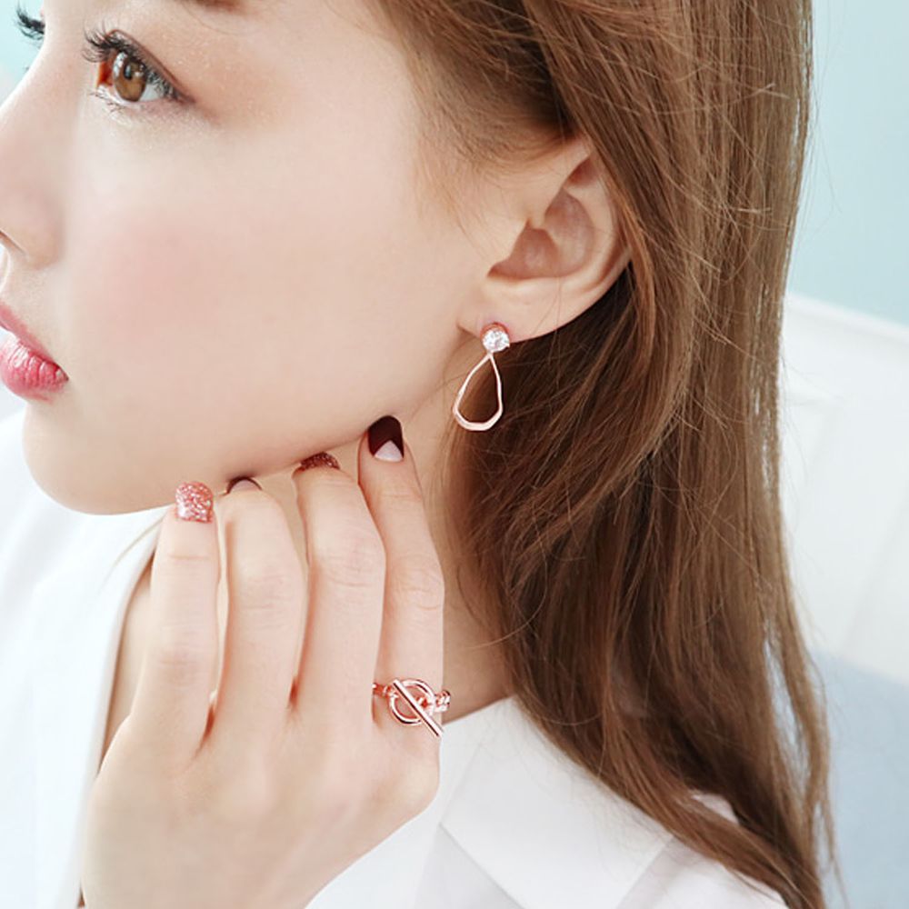 韓國製 - (925純銀)趙寶兒同款耳環-水滴水晶-玫瑰金