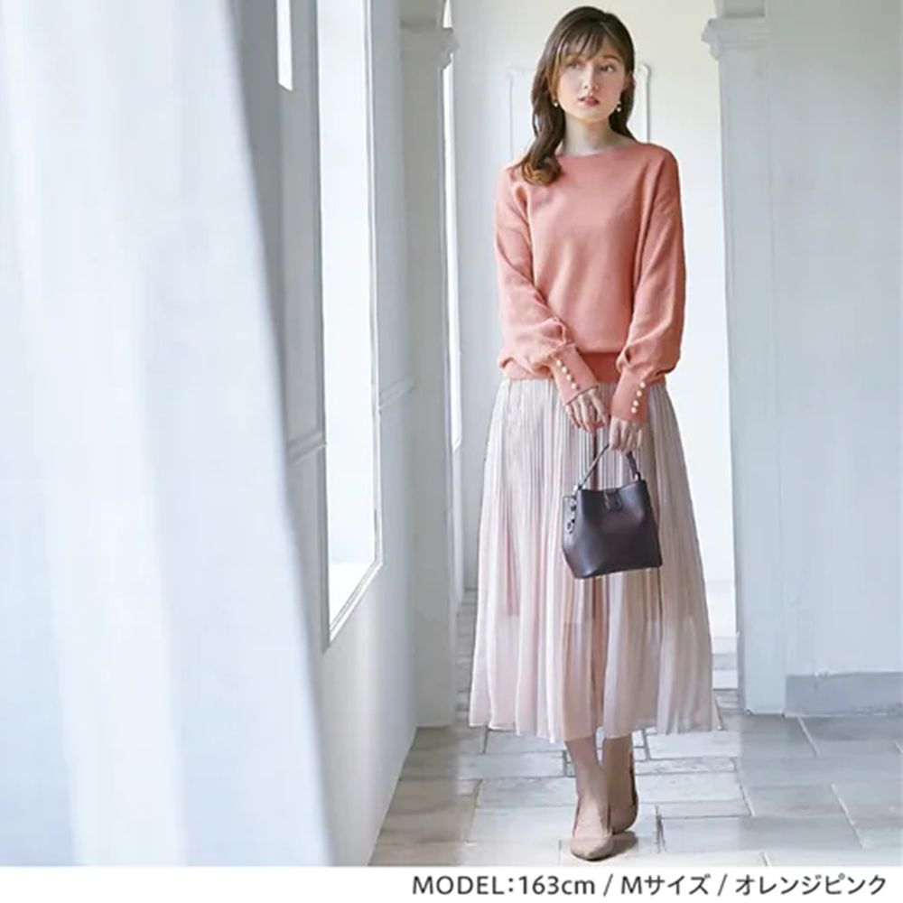 日本 BELLUNA - 優雅珍珠釦針織上衣-珊瑚橘