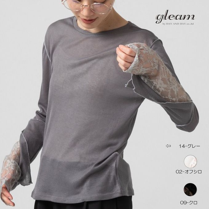 日本 gleam - 薄透合身蕾絲拼接長袖上衣-白