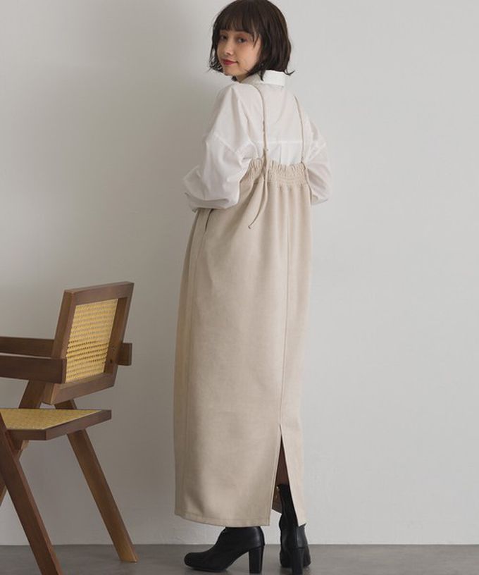 日本 ELENCARE DUE - 柔美垂墜感優雅絨面吊帶洋裝-炭灰