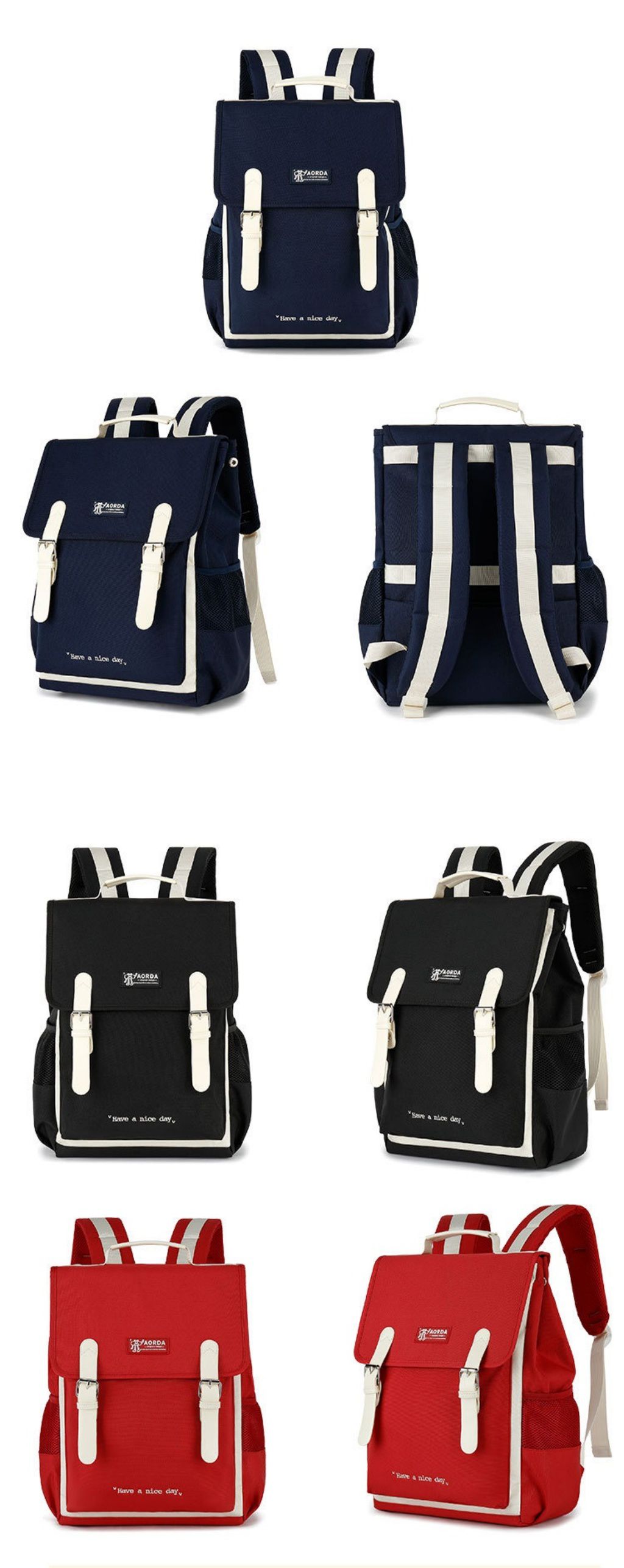 簡約少女感磁釦翻蓋書包-黑色 (28x38.5x15cm)