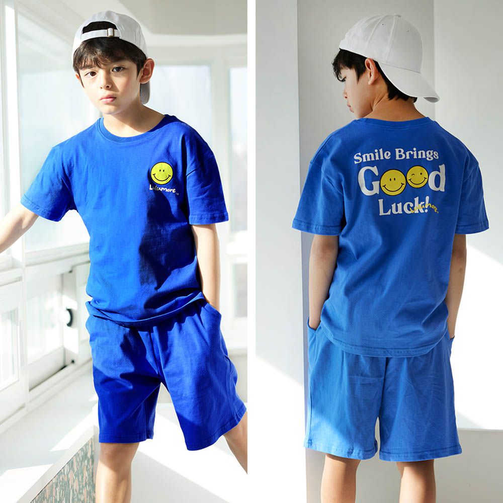 舒適純棉短袖套裝-黃笑臉-寶藍