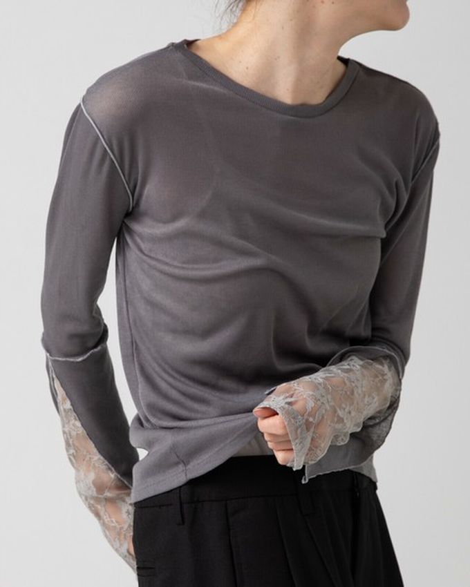 日本 gleam - 薄透合身蕾絲拼接長袖上衣-白